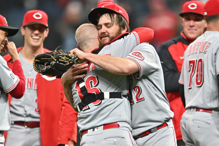 Chicago Cubs pitcher Wade Miley (pictured as a Cincinnati Red) celebrates his first-career no hitter last season.